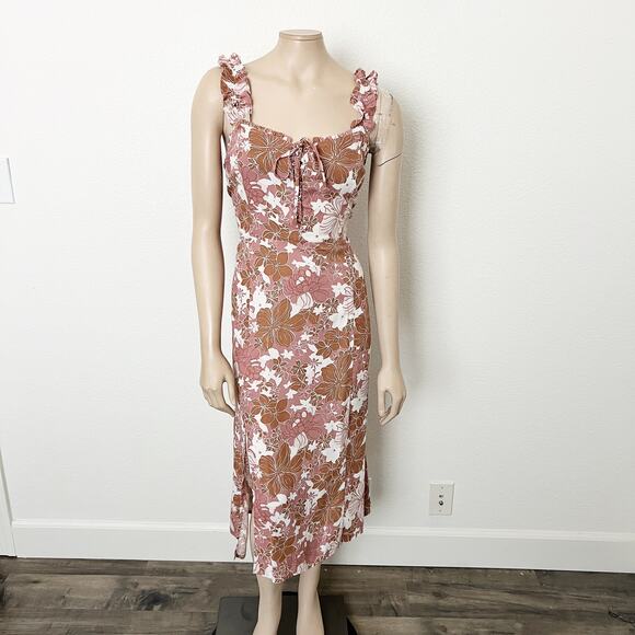 [Sincerely Jules] Pink Brown Floral Print Ruffle Strap Side Slit Midi Dress XL - Picture 1 of 10